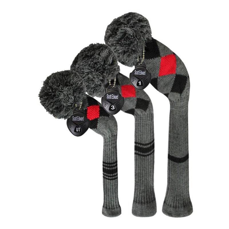 Scott Edward Grey Red Black Argyles Low-Key Style Golf Pom Pom Headcover, Long Neck, Set of 3 for Driver(460cc), Fairway Wood, Hybrid, Rotating Number Tags, Personalized Golf Accessories - Image 1